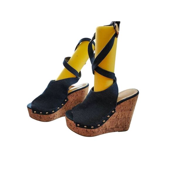 Shoe Dazzle Sexy Platform Wedge Sandals, Blue Denim Rivets High Heeled Size 12 - Picture 6 of 6